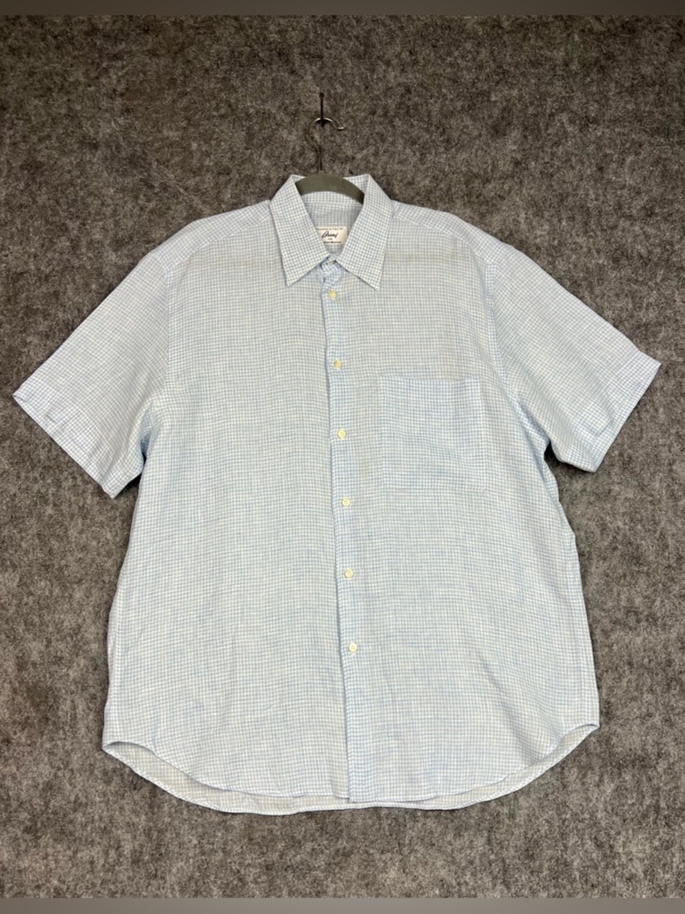 Brioni Light Blue Micro-Check Short-Sleeve Button-Down Shirt Size L